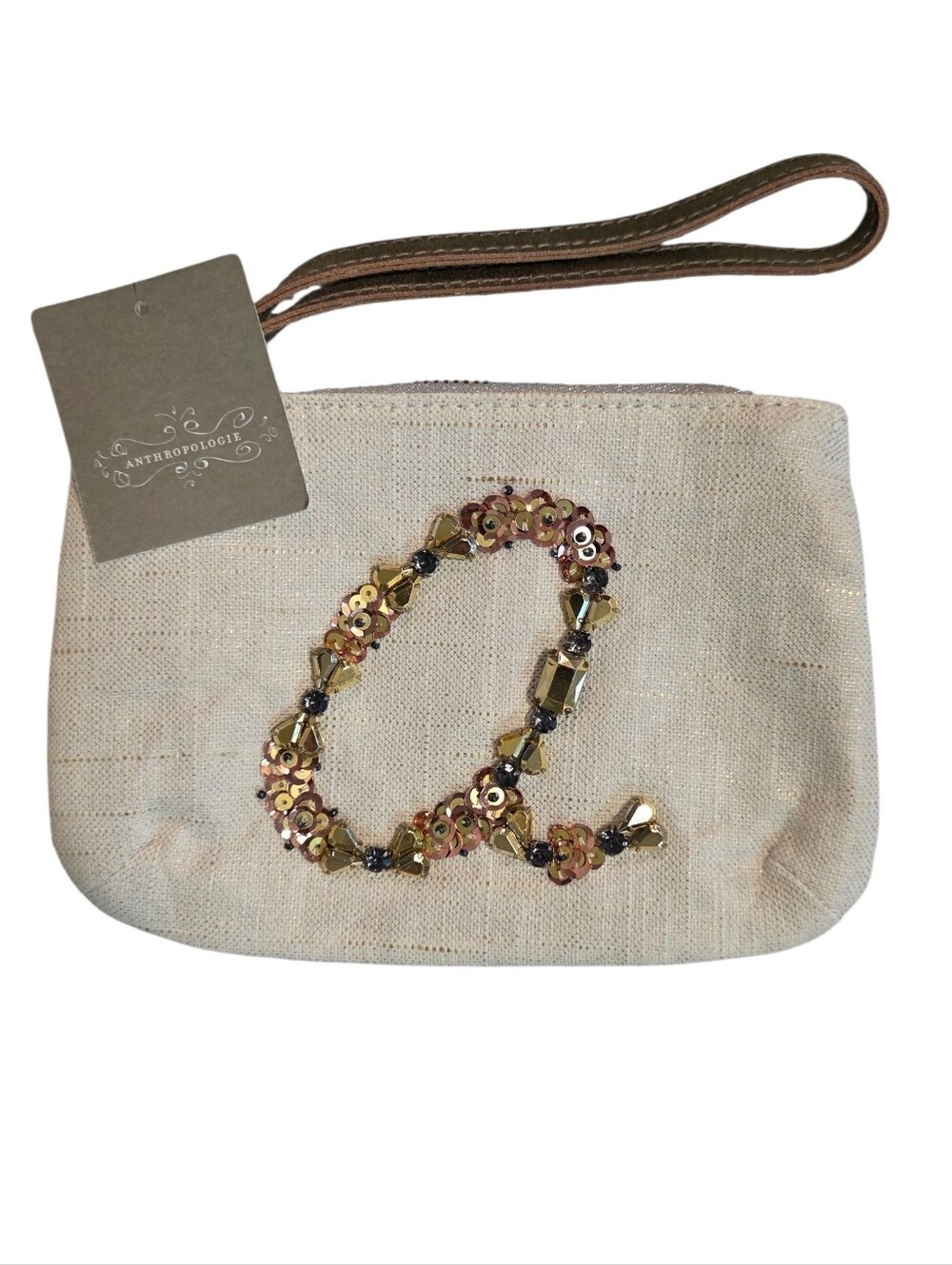 Miss Albright NWT Beaded (Initial A) Canvas & Blue Woven Zipper Pouch Wristlet